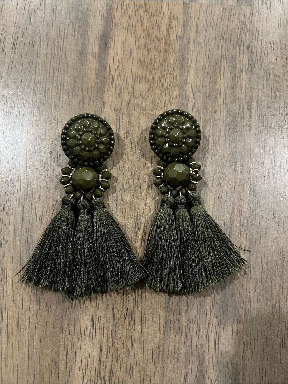 Olive Green Beaded Tassel Drop Earrings